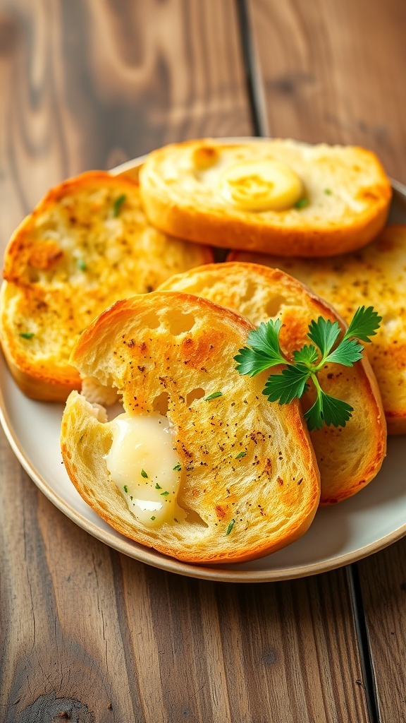 Garlic Bread Recipes and Ideas Golden garlic bread slices garnished with parsley on a rustic wooden table.